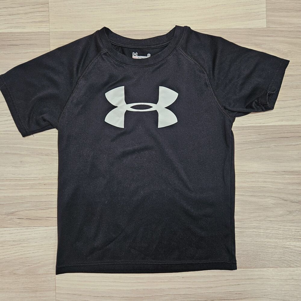 UNDER ARMOUR Boys Black Logo Graphic Athletic Shirt Size 6